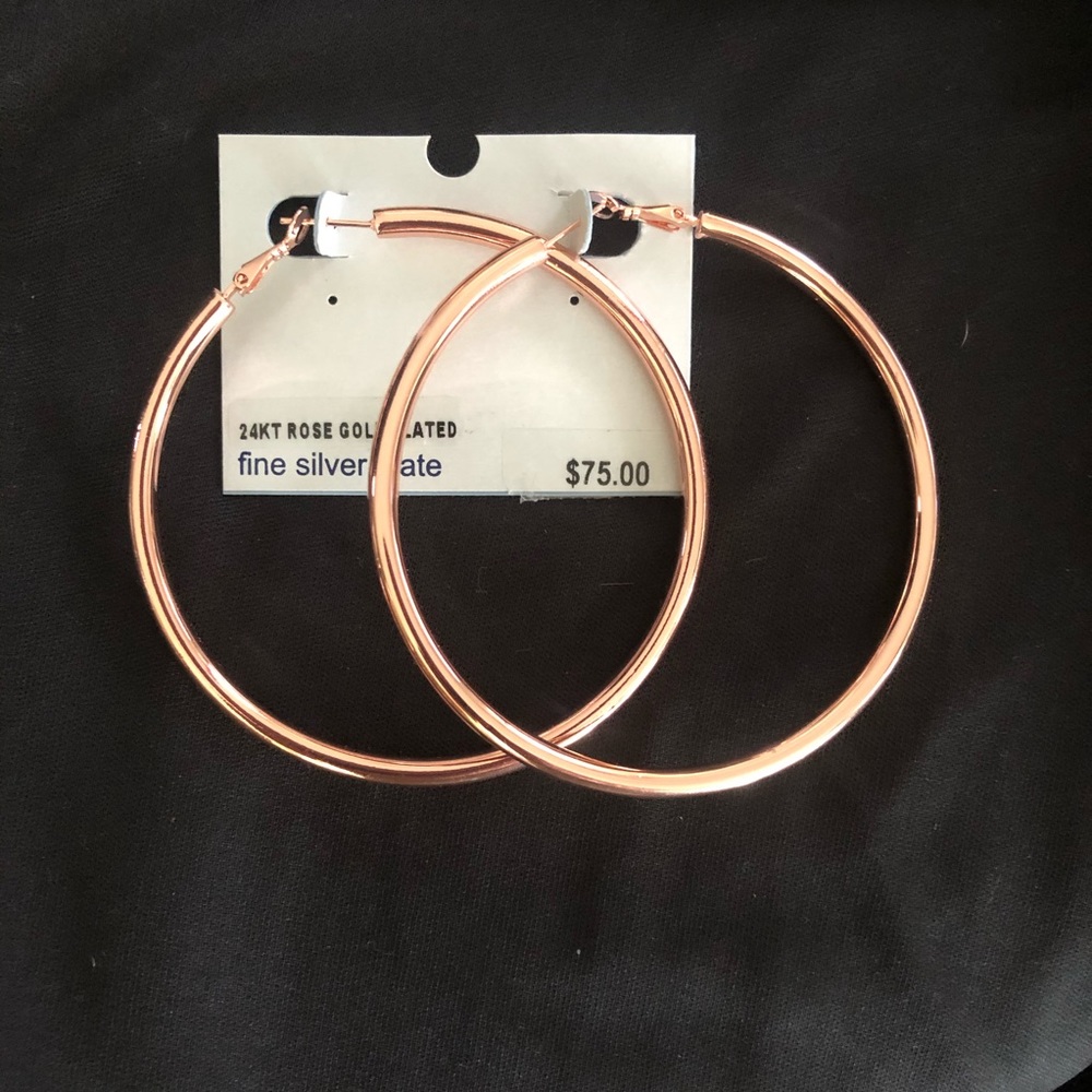 Large hoop pierced earrings 3” 24k rose gold plate